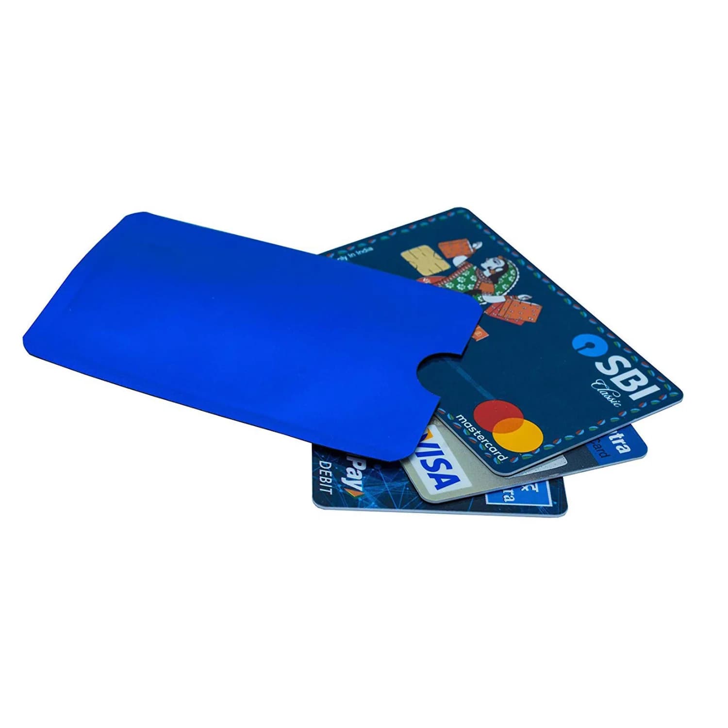 Blue RFID blocking sleeve with partially inserted credit cards on a white background.