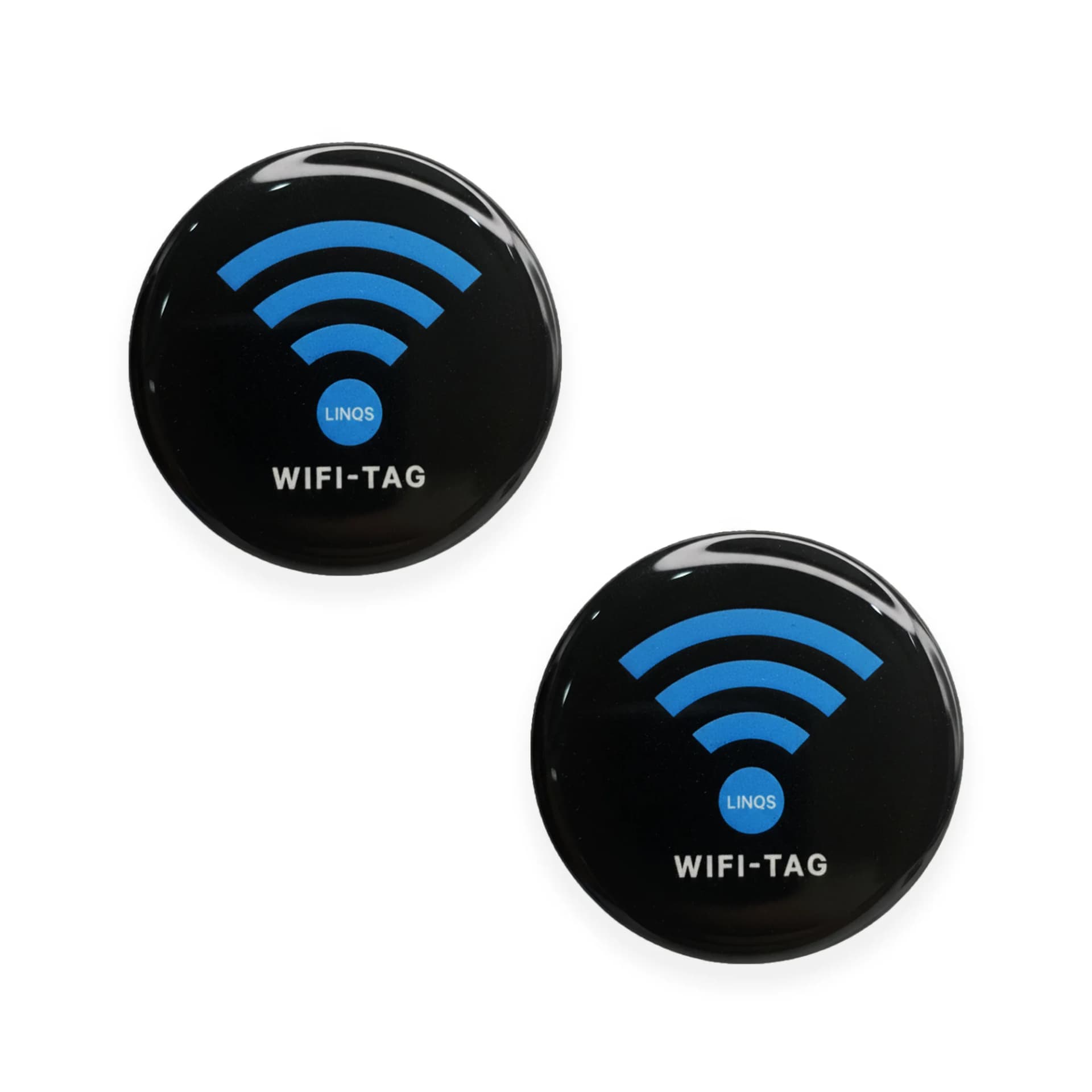 Two black circular stickers with blue WiFi symbols and "WIFI-TAG" text on a white background.