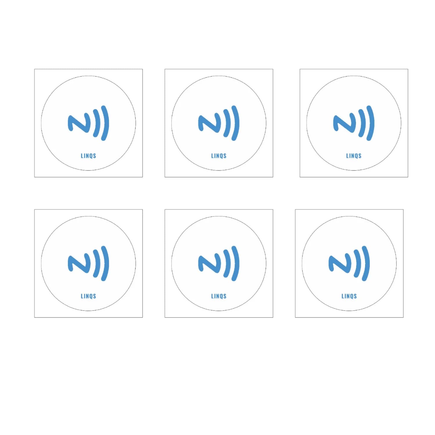 Six circular NFC stickers with a blue NFC Forum logo and "LINQS" text on a white background.