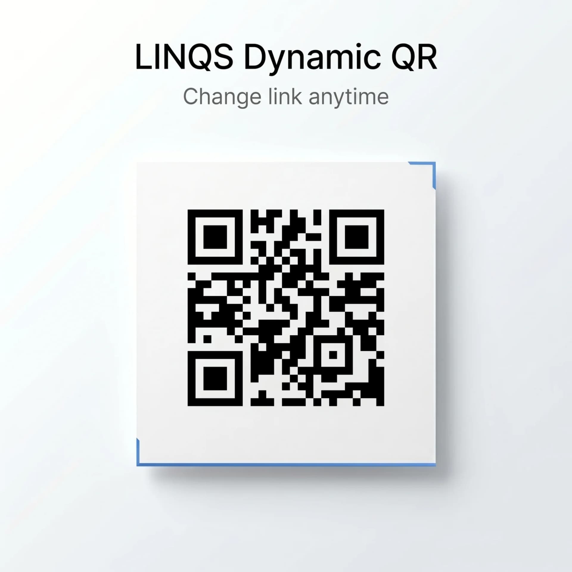 A printed QR code on a white background with a blue border, showing black modules and a small blue corner.