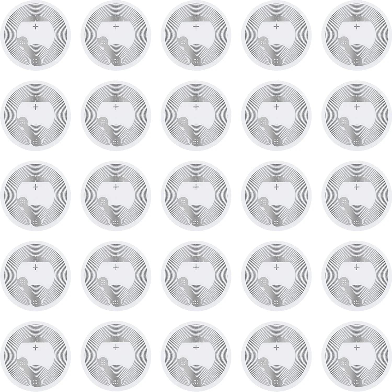 A grid of 25 circular white NFC stickers with visible circuitry patterns.