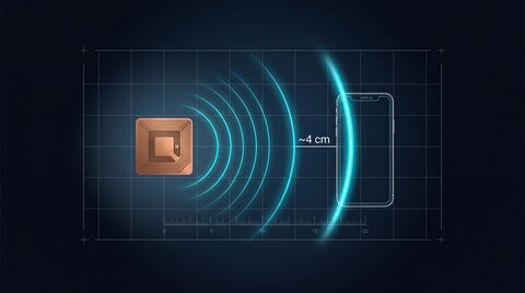 NFC scan range: a copper tag emitting cyan range rings toward a phone at about 4 cm