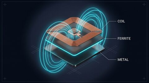 Anti-metal NFC: copper coil and chip above a ferrite layer over a metal plate, with the field reaching the phone