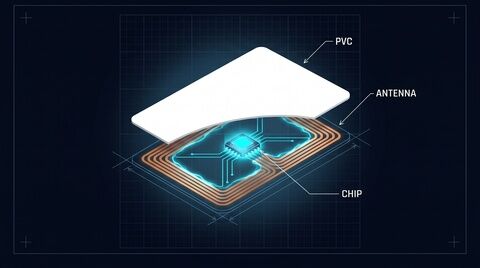 NFC card cutaway: the embedded copper antenna and chip inside the PVC card body