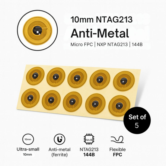 LINQS® - NTAG213 Micro FPC NFC Tags 10mm (Pack of 5) | Anti-Metal, Jewelry Friendly, 144-Byte Redirect Ready