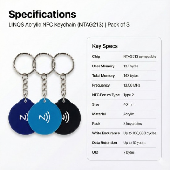 LINQS Acrylic NFC Keychain NTAG213 Chip (Pack of 3)