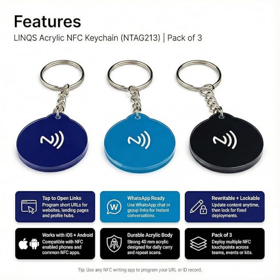LINQS Acrylic NFC Keychain NTAG213 Chip (Pack of 3)