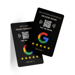REVUZ Google Review Card with Wooden Display Stand - NFC tap or QR Code scan - for Boosting 5-Star Ratings (Black)