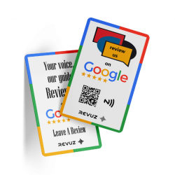 REVUZ Google Review Card with Wooden Display Stand - NFC tap or QR Code scan - for Boosting 5-Star Ratings (White)