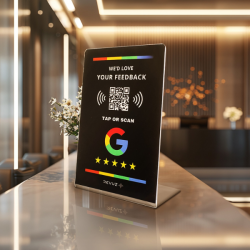 REVUZ Premium Acrylic Google Review Standee | Instant review with NFC Chip tap & QR Code scan | Zero-Hassle Self-Setup! | Standard 6x4 inch size (Black)