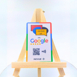 REVUZ Google Review Card with Wooden Display Stand - NFC tap or QR Code scan - for Boosting 5-Star Ratings (White)
