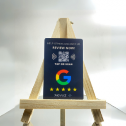 REVUZ Google Review Card with Wooden Display Stand - NFC tap or QR Code scan - for Boosting 5-Star Ratings (Black)