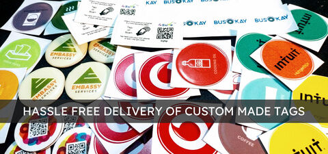 Custom-printed NFC stickers, cards, and keychains with brand logos in full colour
